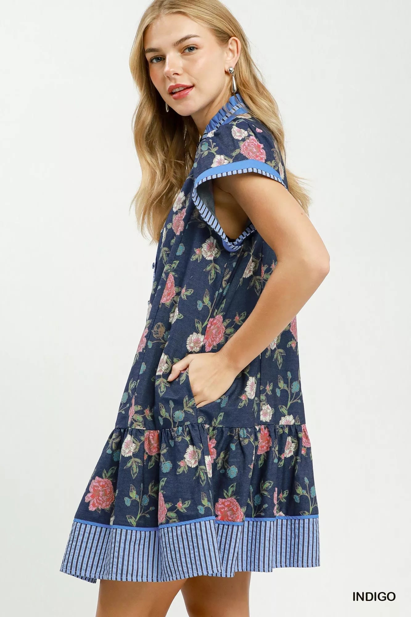 Umgee Floral Contrast Trim Ruffle Hem Mini Dress - Bitsy Gypsy Boutique