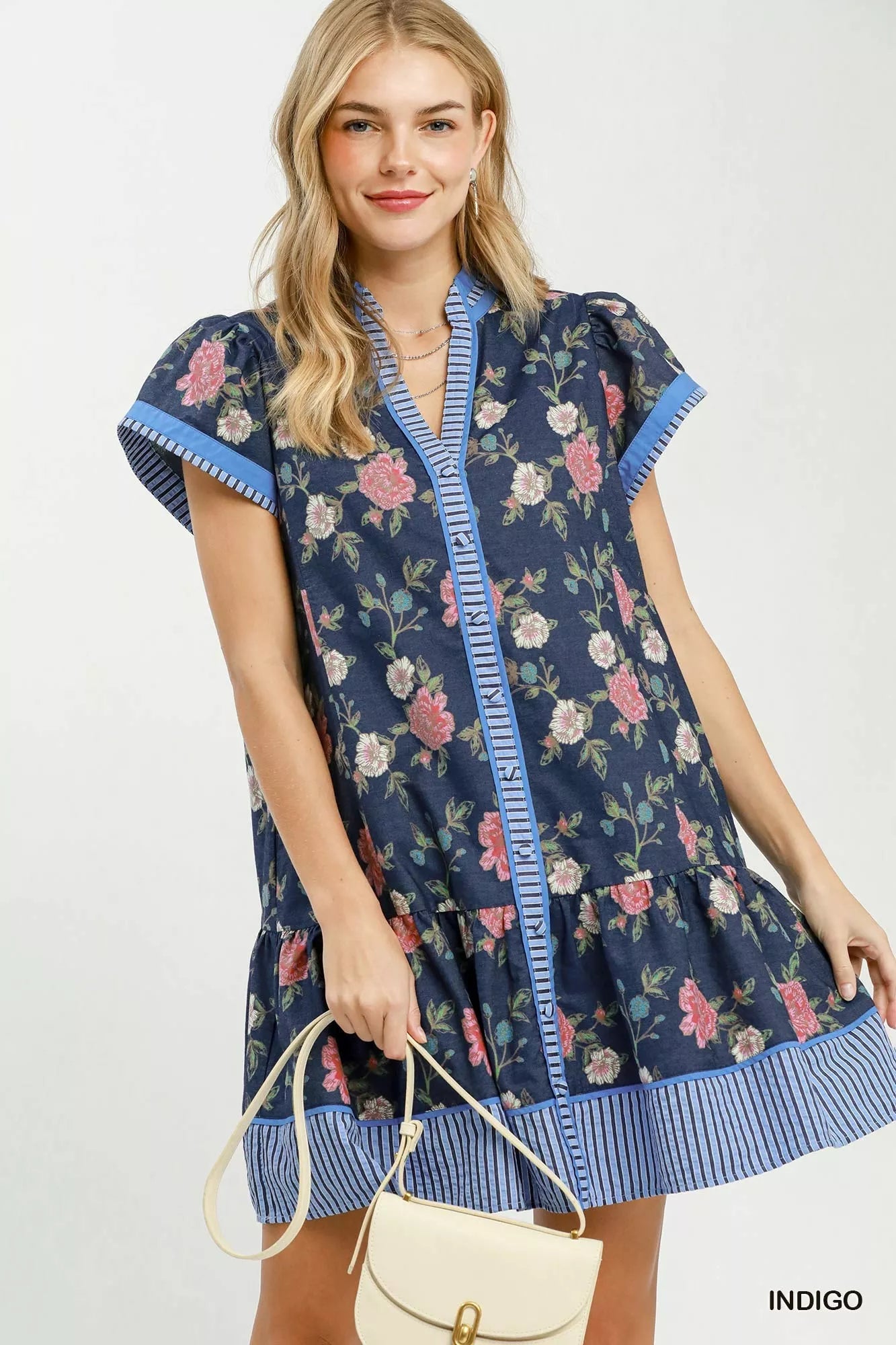 Umgee Floral Contrast Trim Ruffle Hem Mini Dress - Bitsy Gypsy Boutique