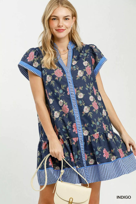 Umgee Floral Contrast Trim Ruffle Hem Mini Dress - Bitsy Gypsy Boutique