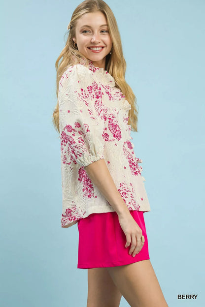 Umgee Floral Embroidered Blouse with Ruffle Trim - Bitsy Gypsy Boutique