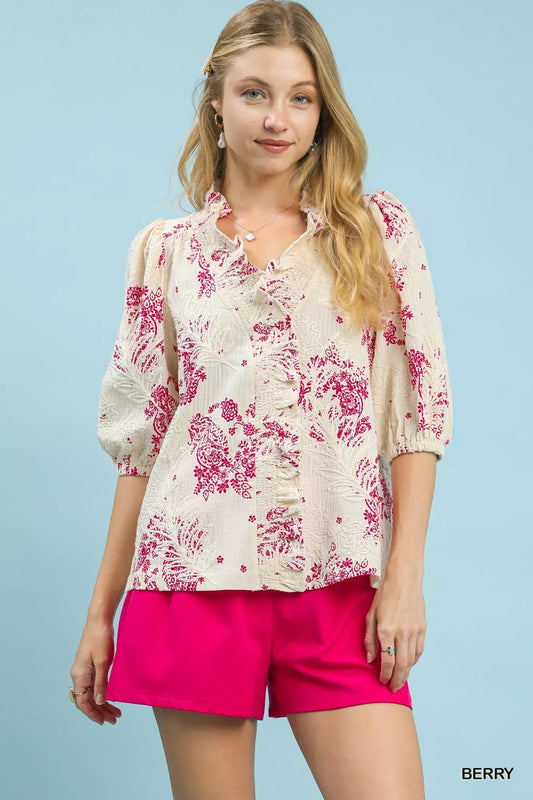 Umgee Floral Embroidered Blouse with Ruffle Trim - Bitsy Gypsy Boutique