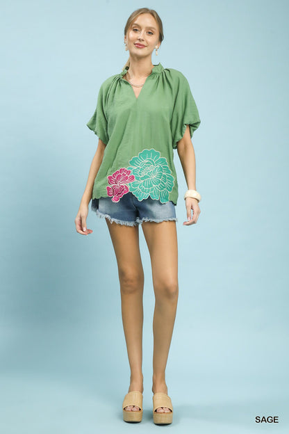 Umgee Floral Embroidered Hem Blouse - Bitsy Gypsy Boutique