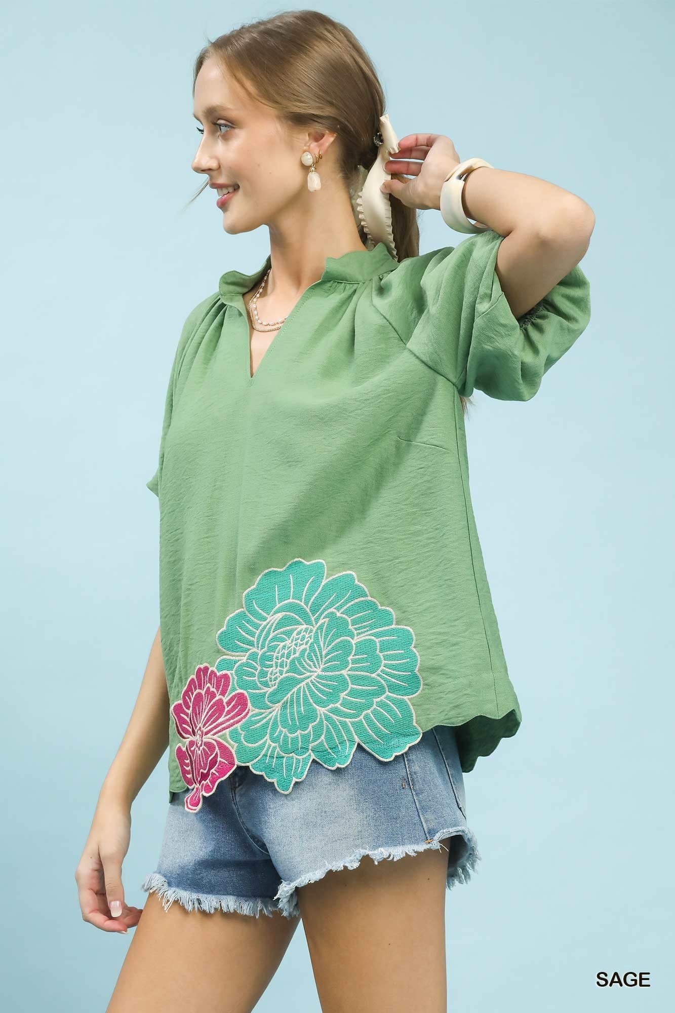 Umgee Floral Embroidered Hem Blouse - Bitsy Gypsy Boutique