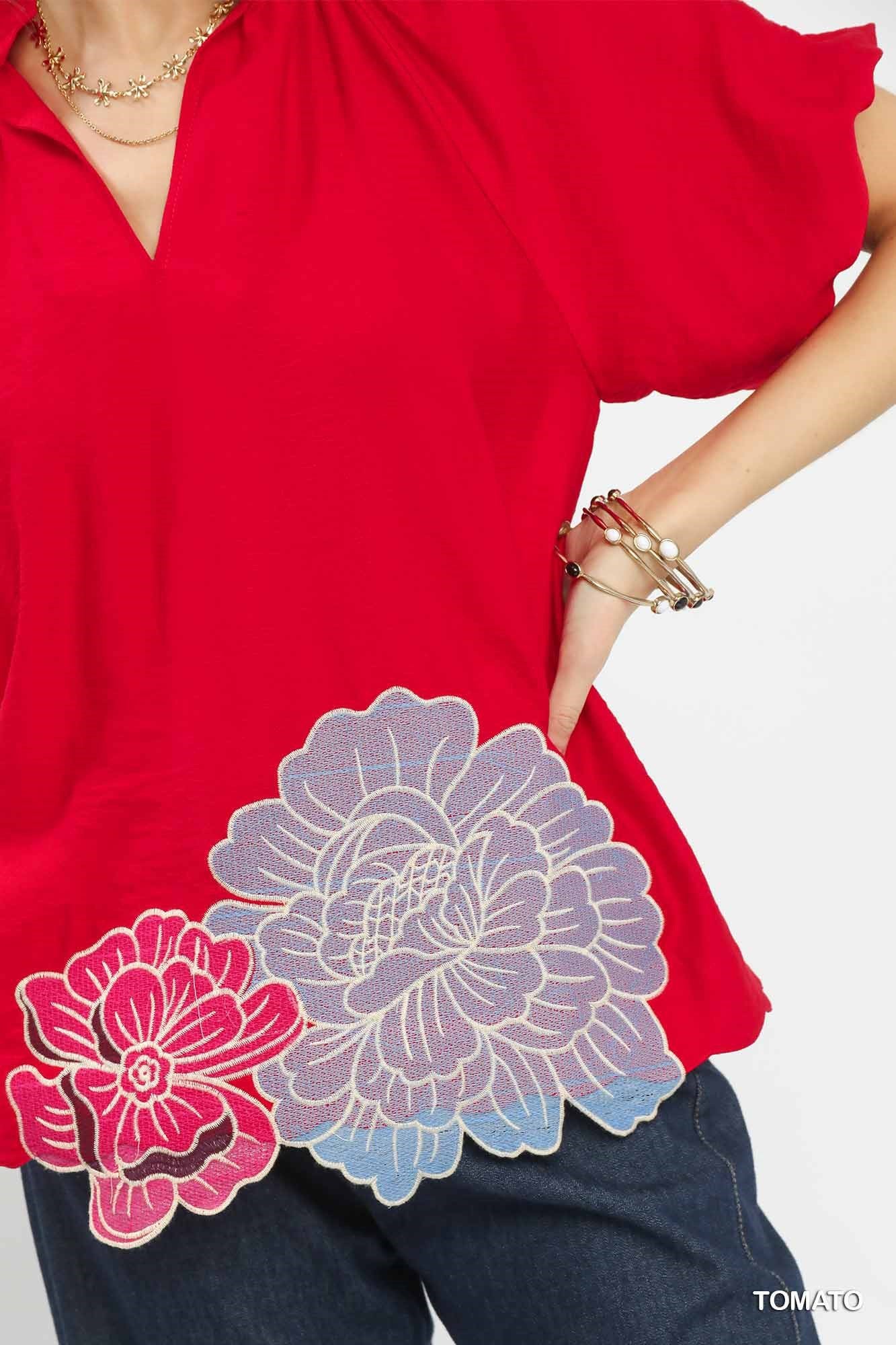 Umgee Floral Embroidered Hem Blouse - Bitsy Gypsy Boutique