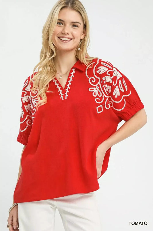 Umgee Floral Embroidered Sleeve Blouse - Bitsy Gypsy Boutique