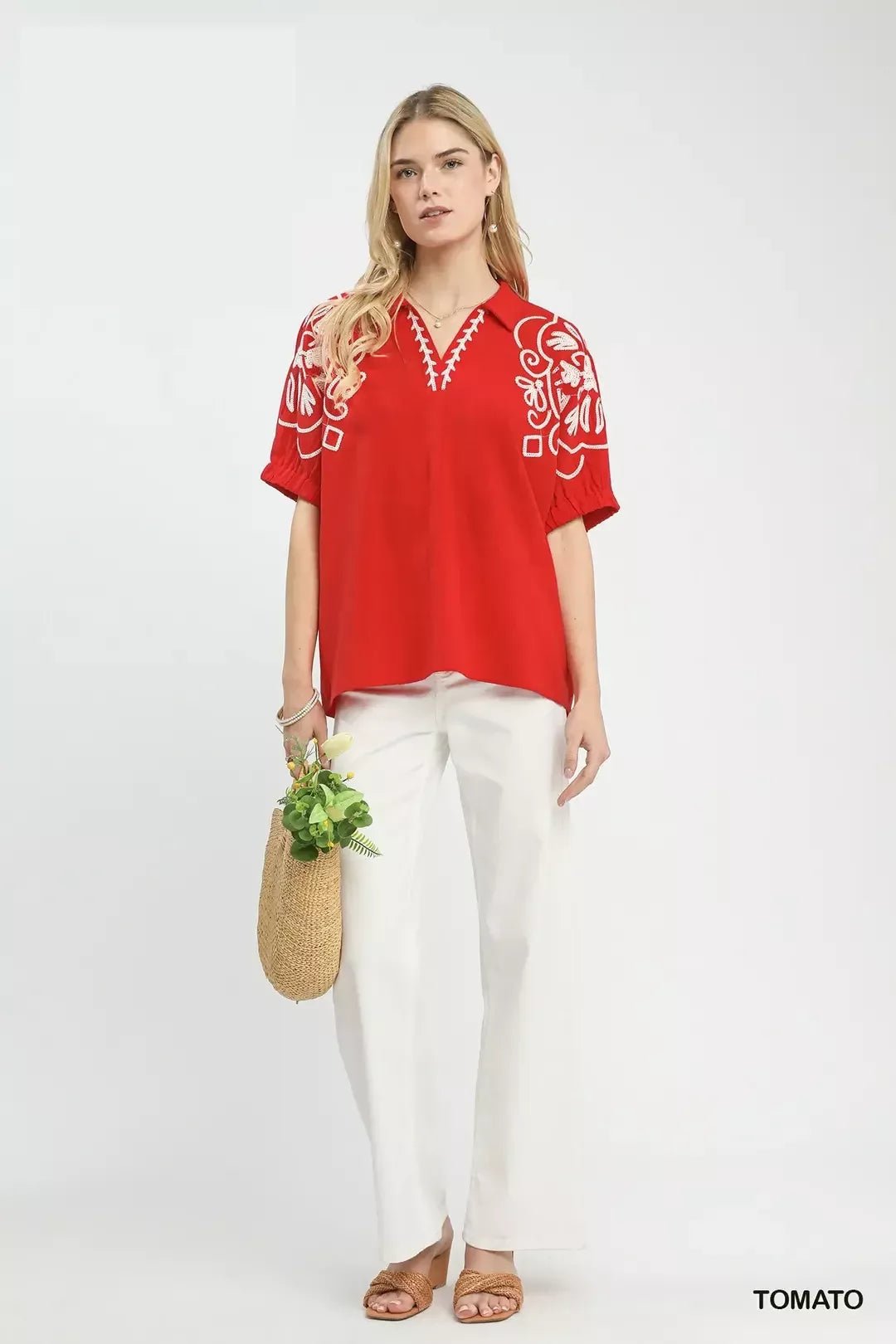 Umgee Floral Embroidered Sleeve Blouse - Bitsy Gypsy Boutique