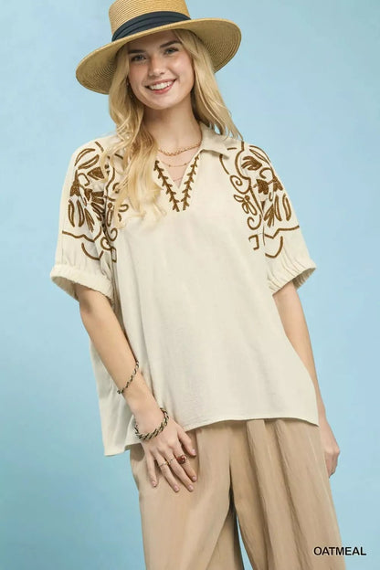 Umgee Floral Embroidered Sleeve Blouse - Bitsy Gypsy Boutique