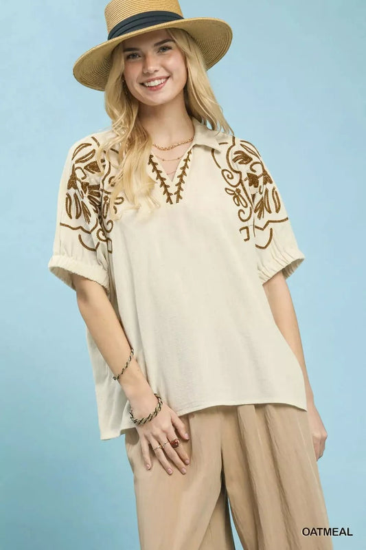 Umgee Floral Embroidered Sleeve Blouse - Bitsy Gypsy Boutique