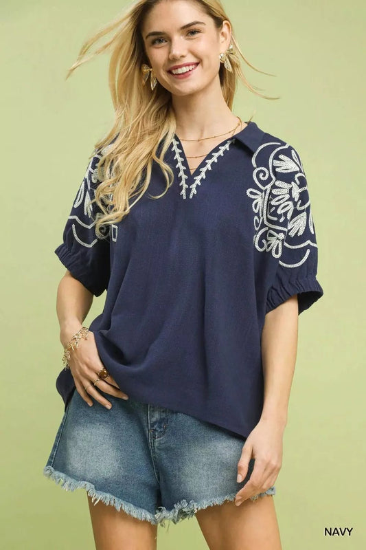 Umgee Floral Embroidered Sleeve Blouse - Bitsy Gypsy Boutique