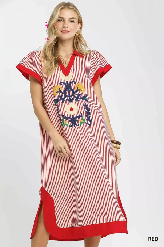Umgee Floral Embroidered Stripe Dress with Side Slits - Bitsy Gypsy Boutique