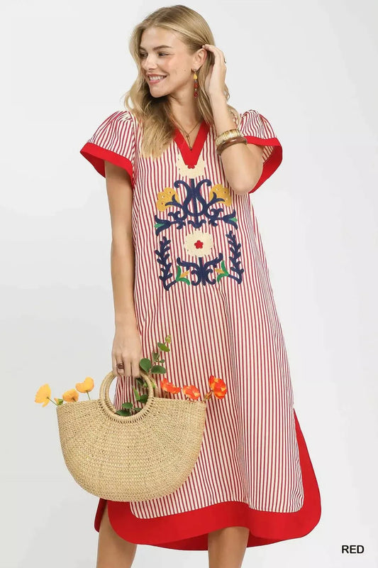 Umgee Floral Embroidered Stripe Dress with Side Slits - Bitsy Gypsy Boutique