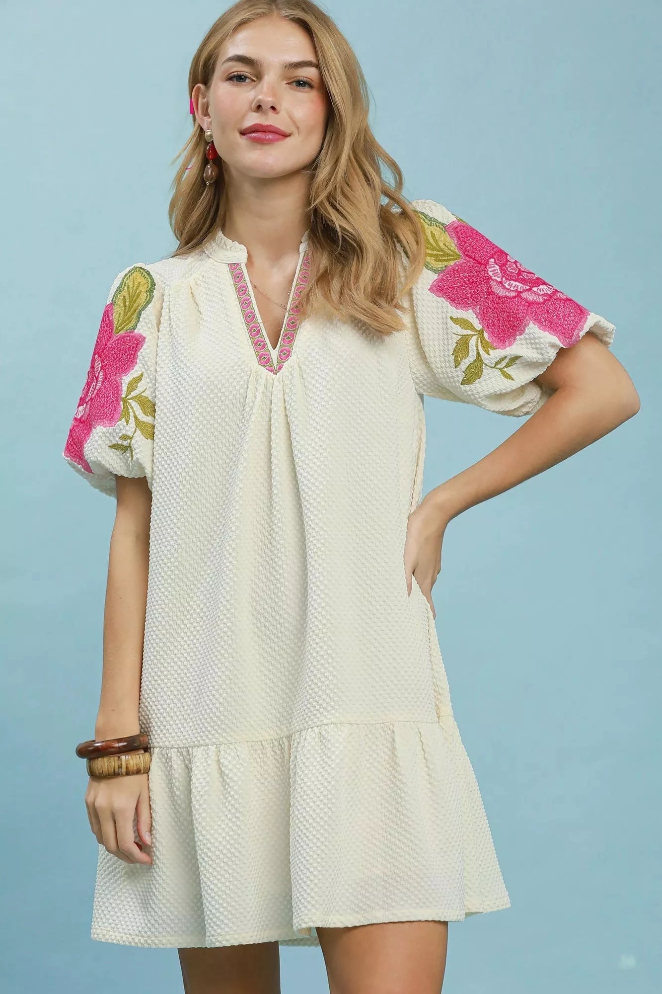 Umgee Floral Embroidered Textured Jacquard Dress - Bitsy Gypsy Boutique