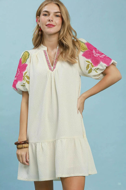 Umgee Floral Embroidered Textured Jacquard Dress - Bitsy Gypsy Boutique