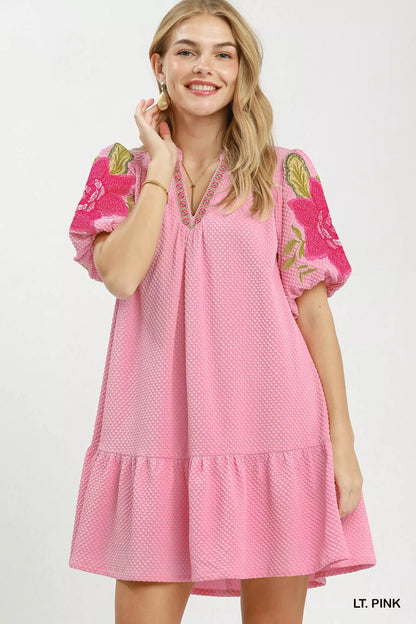 Umgee Floral Embroidered Textured Jacquard Dress - Bitsy Gypsy Boutique