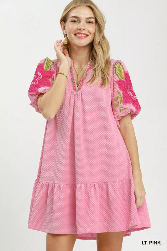 Umgee Floral Embroidered Textured Jacquard Dress - Bitsy Gypsy Boutique