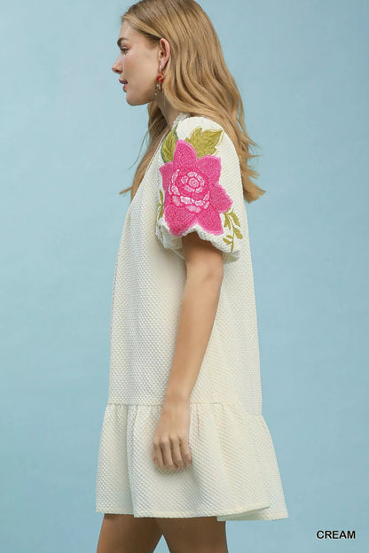 Umgee Floral Embroidered Textured Jacquard Dress - Bitsy Gypsy Boutique