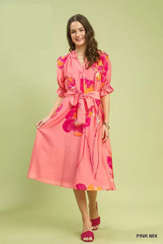 Umgee Floral Flounce Sleeve Midi Dress with Belted - Bitsy Gypsy Boutique