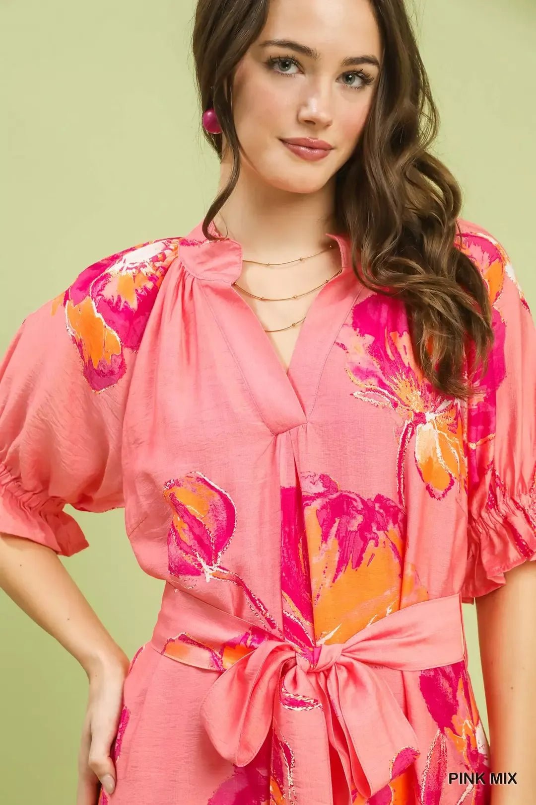 Umgee Floral Flounce Sleeve Midi Dress with Belted - Bitsy Gypsy Boutique