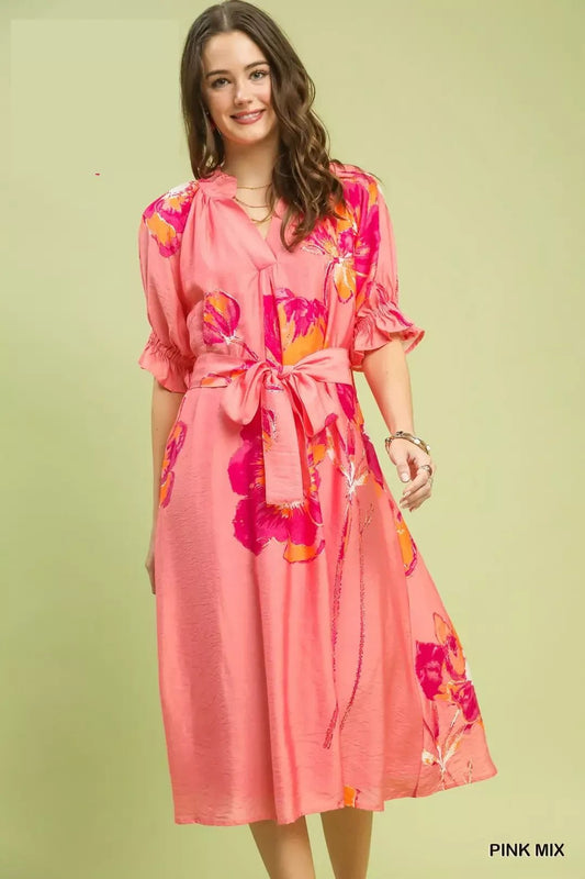 Umgee Floral Flounce Sleeve Midi Dress with Belted - Bitsy Gypsy Boutique
