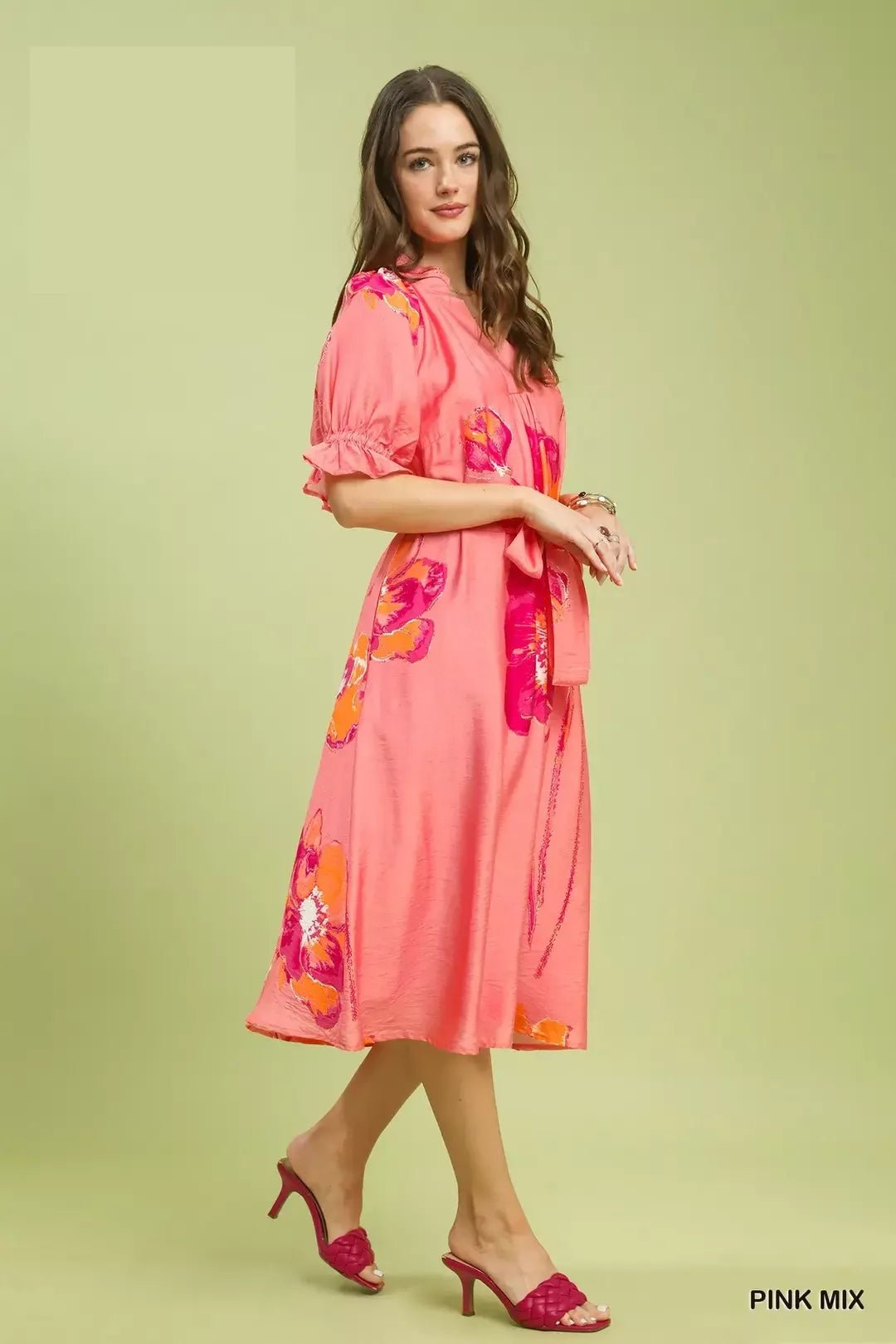 Umgee Floral Flounce Sleeve Midi Dress with Belted - Bitsy Gypsy Boutique