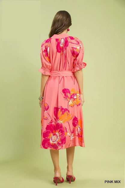 Umgee Floral Flounce Sleeve Midi Dress with Belted - Bitsy Gypsy Boutique