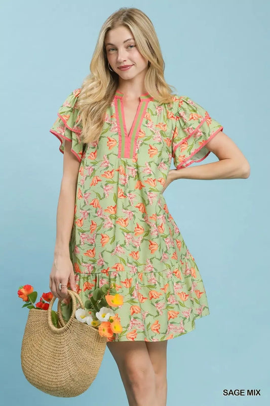 Umgee Floral Flutter Sleeve Tiered Dress - Bitsy Gypsy Boutique