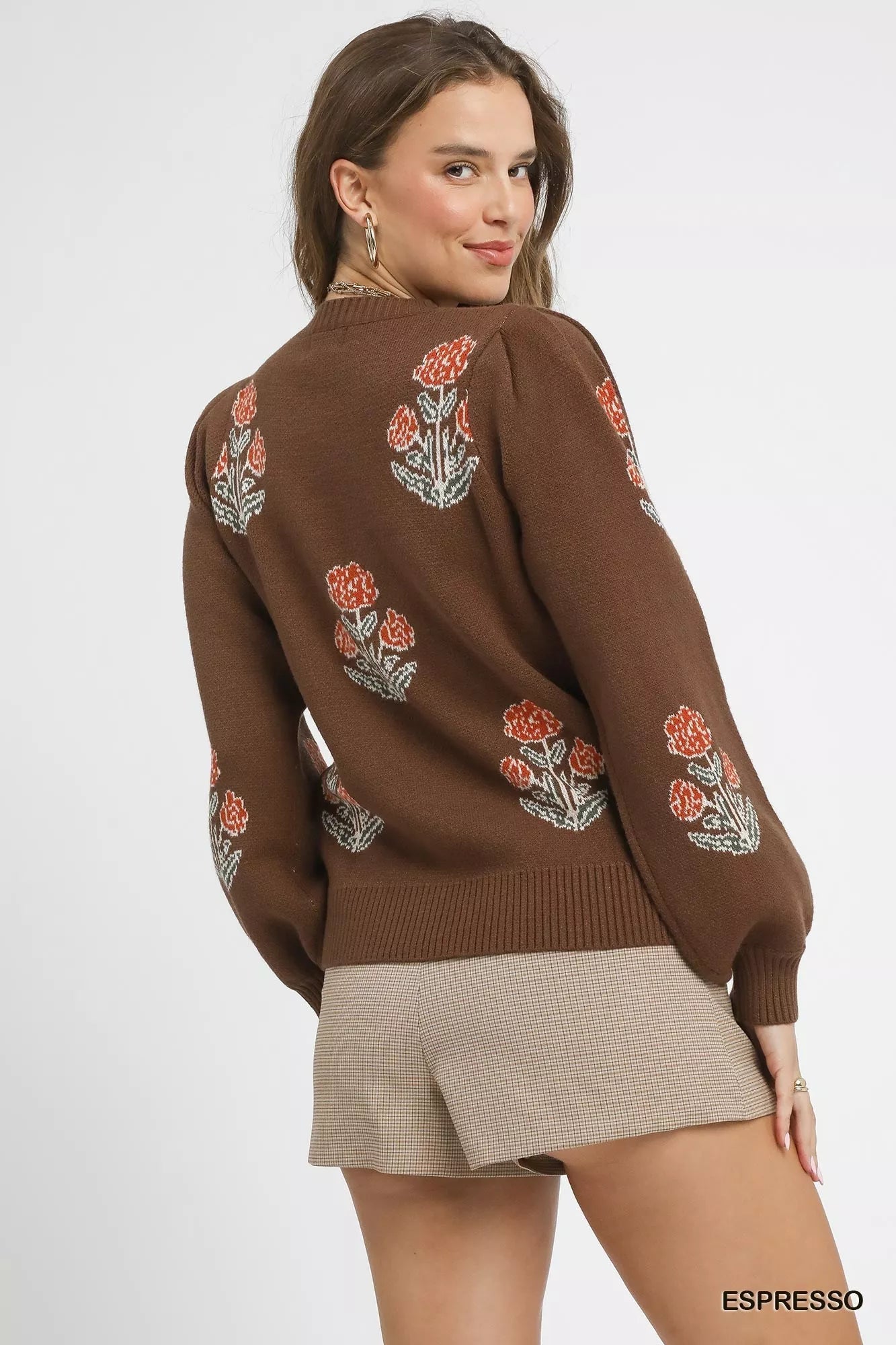 Umgee Floral Knit Sweater with Puff Sleeves - Bitsy Gypsy Boutique