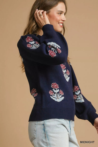 Umgee Floral Knit Sweater with Puff Sleeves - Bitsy Gypsy Boutique