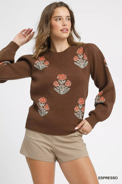 Umgee Floral Knit Sweater with Puff Sleeves - Bitsy Gypsy Boutique