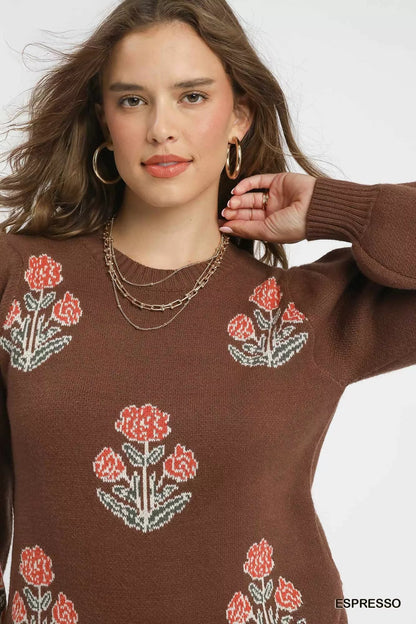 Umgee Floral Knit Sweater with Puff Sleeves - Bitsy Gypsy Boutique