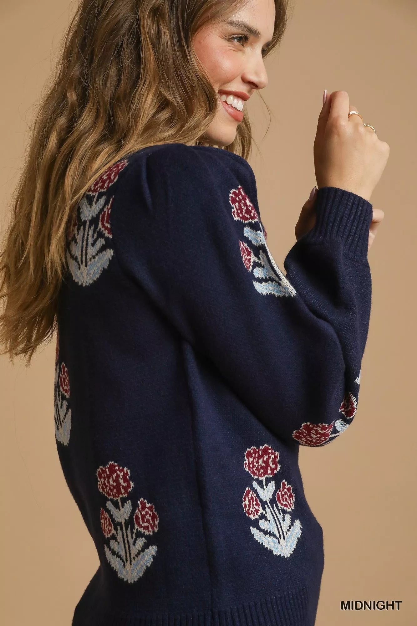 Umgee Floral Knit Sweater with Puff Sleeves - Bitsy Gypsy Boutique