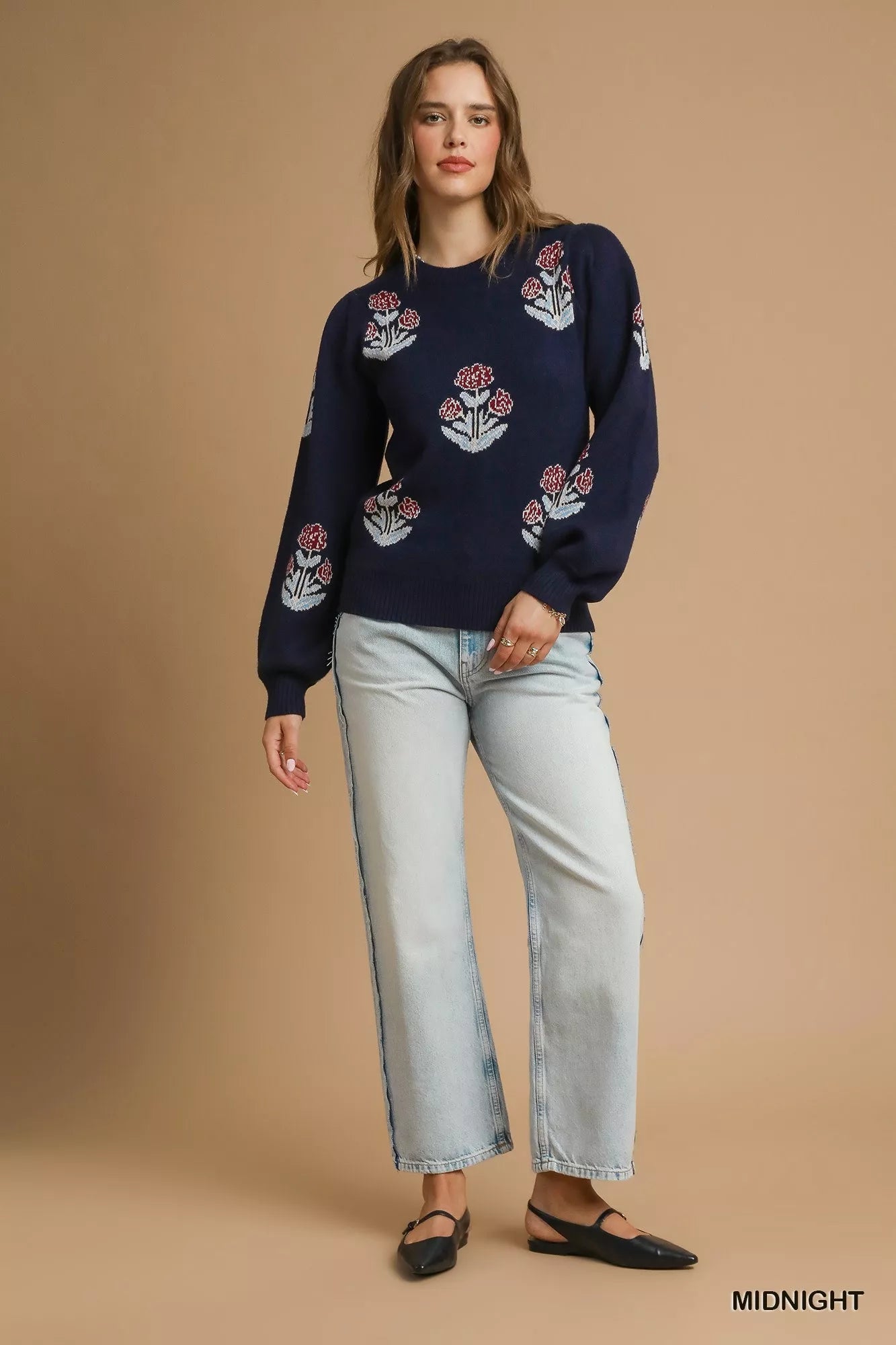 Umgee Floral Knit Sweater with Puff Sleeves - Bitsy Gypsy Boutique