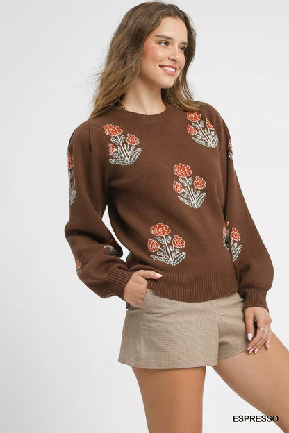 Umgee Floral Knit Sweater with Puff Sleeves - Bitsy Gypsy Boutique