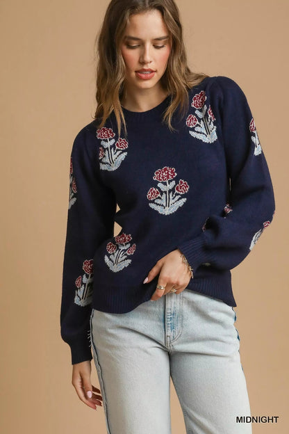 Umgee Floral Knit Sweater with Puff Sleeves - Bitsy Gypsy Boutique