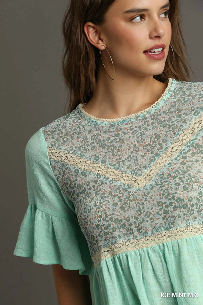 Umgee Floral Lace Trimmed Detail Half Sleeve Babydoll Top - Bitsy Gypsy Boutique