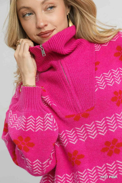 Umgee Floral Patterned Jacquard Quarter - Zip Pullover Sweater - Bitsy Gypsy Boutique