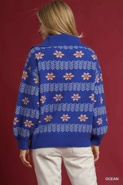 Umgee Floral Patterned Jacquard Quarter - Zip Pullover Sweater - Bitsy Gypsy Boutique