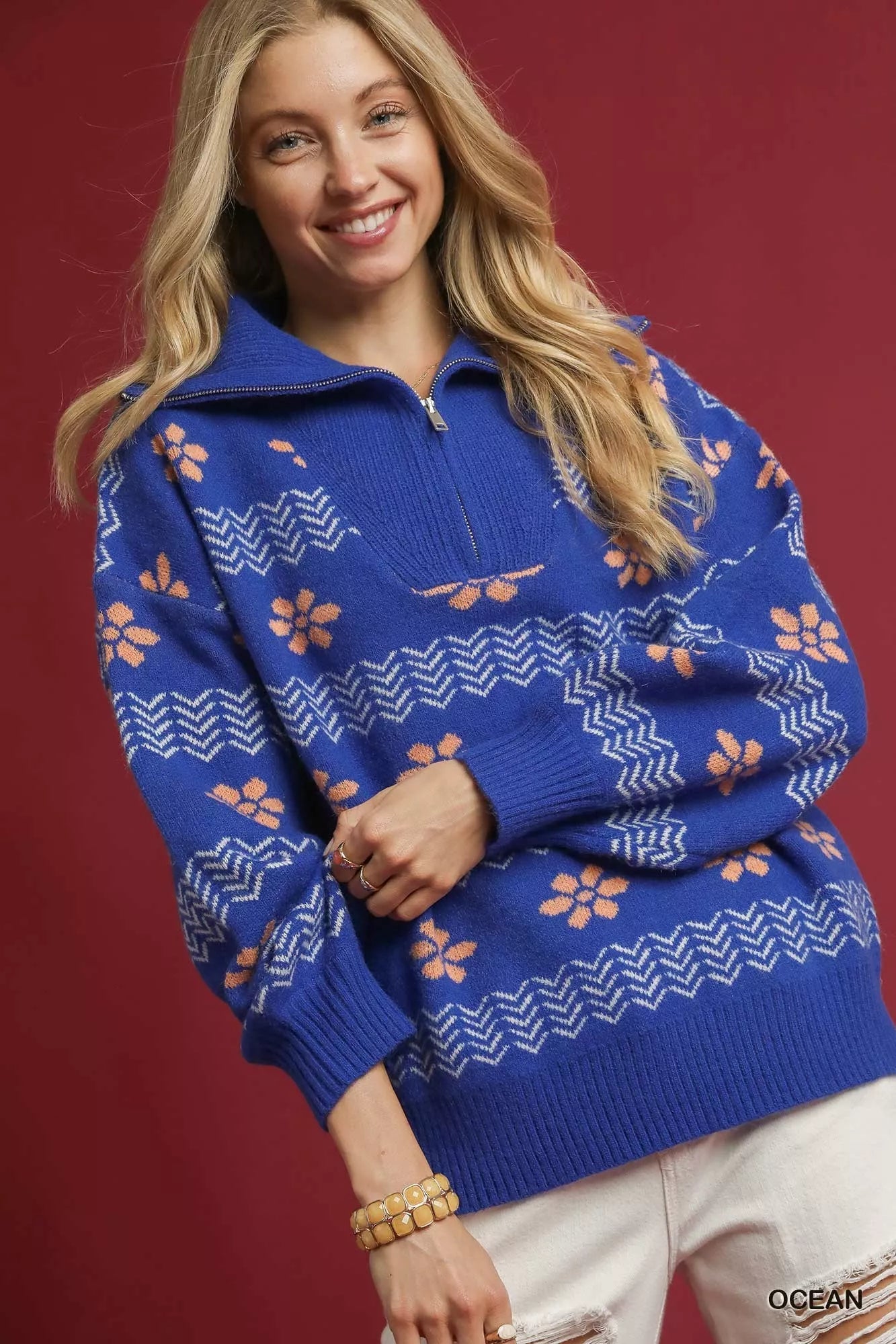 Umgee Floral Patterned Jacquard Quarter - Zip Pullover Sweater - Bitsy Gypsy Boutique