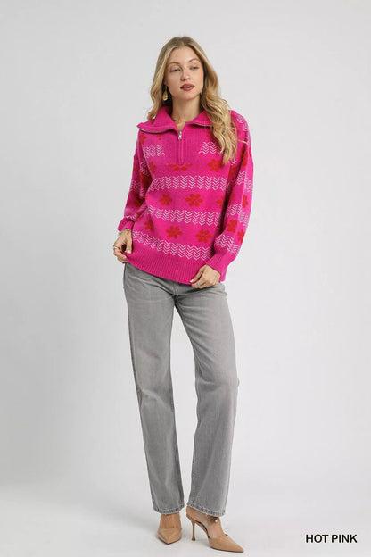 Umgee Floral Patterned Jacquard Quarter - Zip Pullover Sweater - Bitsy Gypsy Boutique