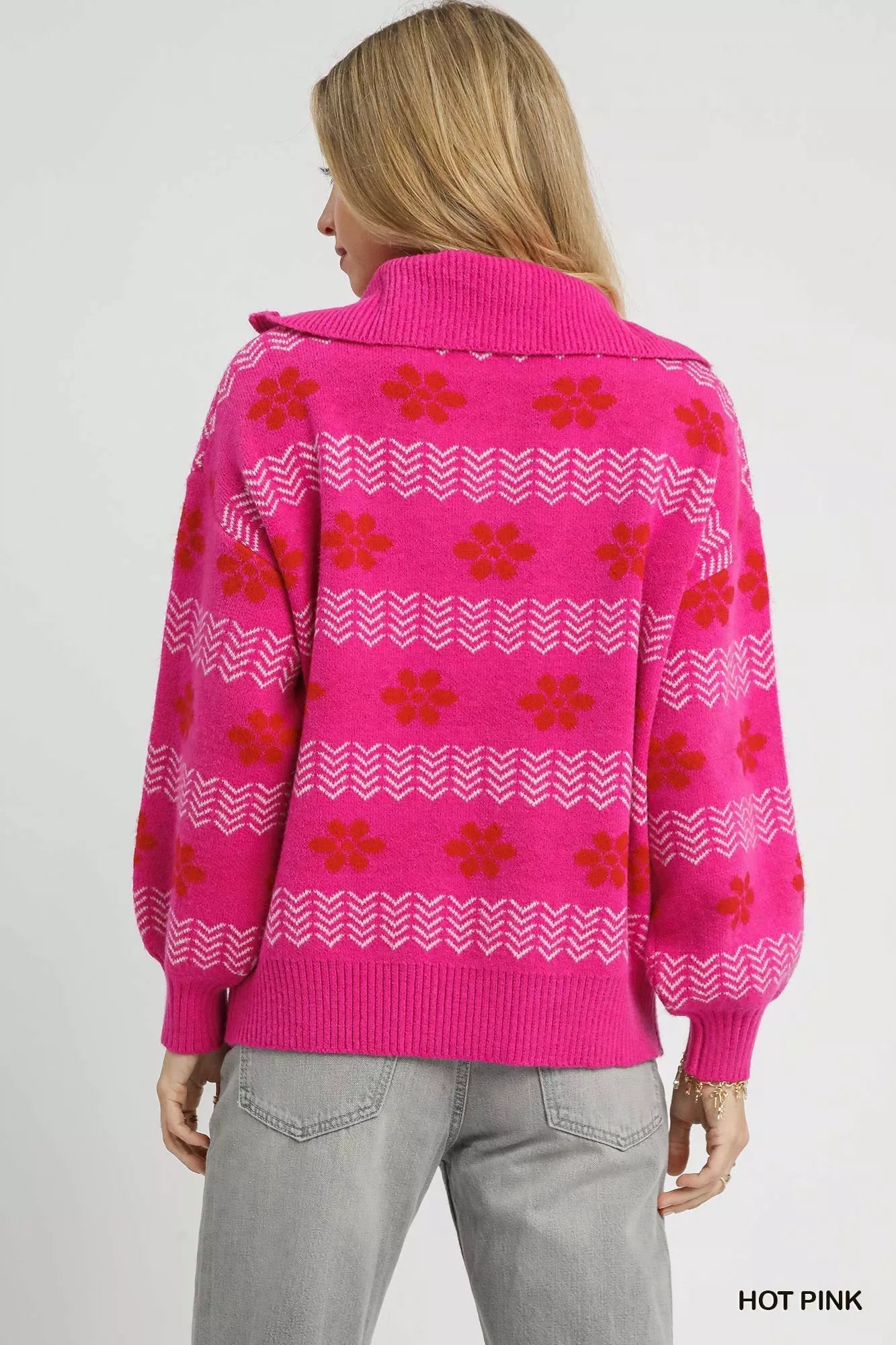 Umgee Floral Patterned Jacquard Quarter - Zip Pullover Sweater - Bitsy Gypsy Boutique