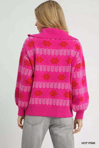 Umgee Floral Patterned Jacquard Quarter - Zip Pullover Sweater - Bitsy Gypsy Boutique