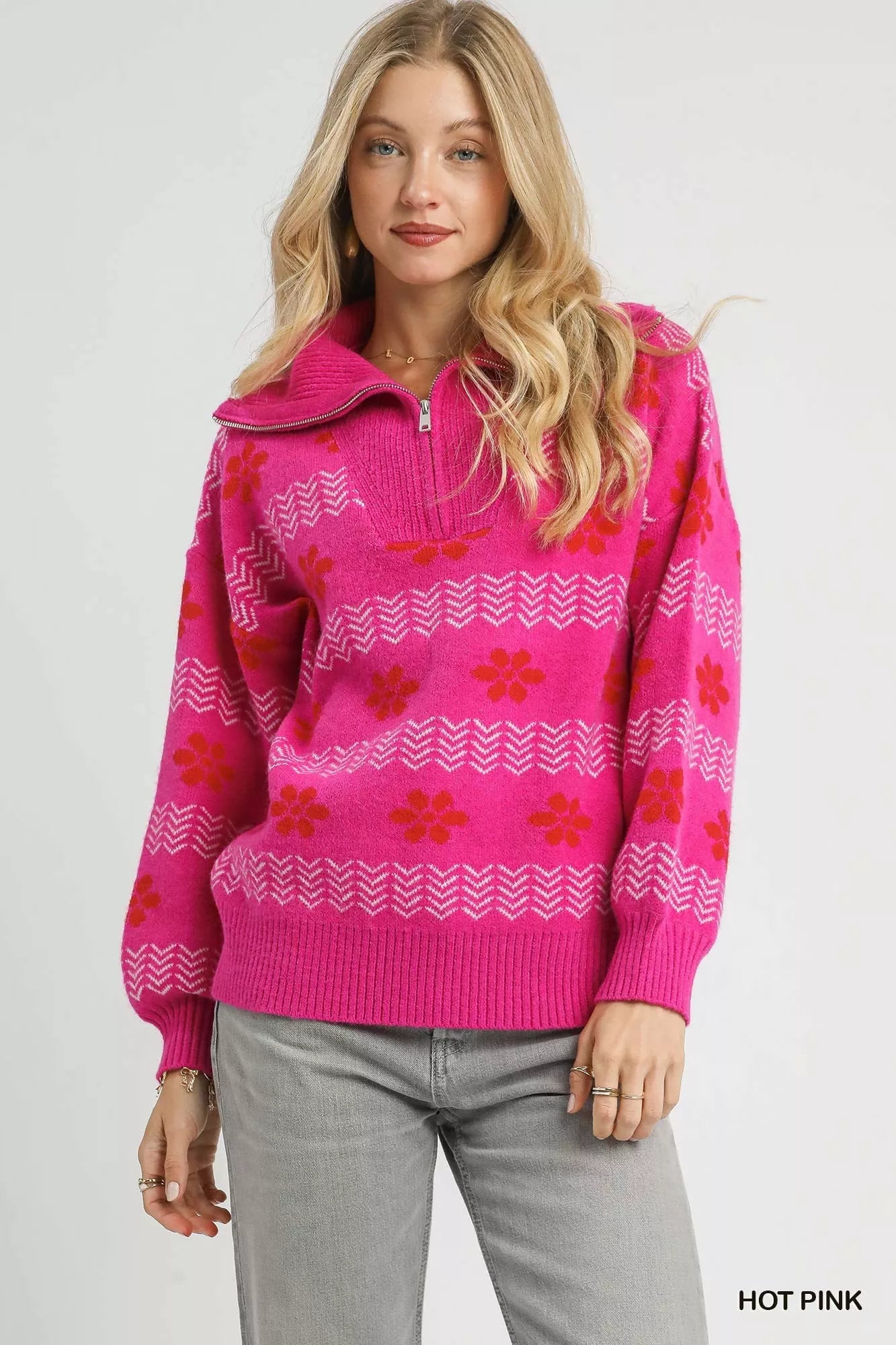 Umgee Floral Patterned Jacquard Quarter - Zip Pullover Sweater - Bitsy Gypsy Boutique