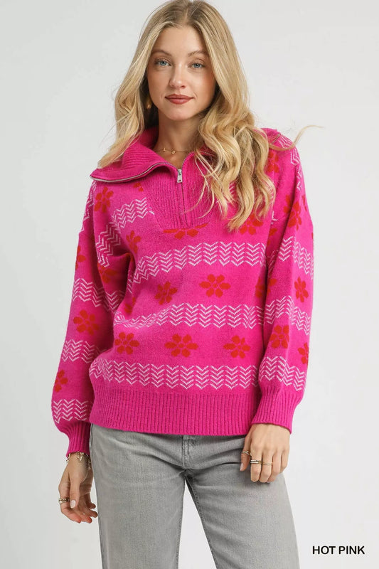 Umgee Floral Patterned Jacquard Quarter - Zip Pullover Sweater - Bitsy Gypsy Boutique