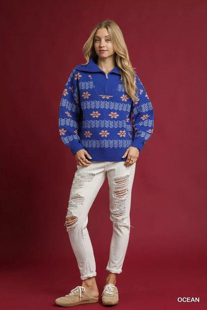 Umgee Floral Patterned Jacquard Quarter - Zip Pullover Sweater - Bitsy Gypsy Boutique