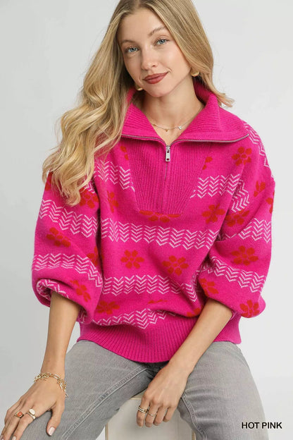 Umgee Floral Patterned Jacquard Quarter - Zip Pullover Sweater - Bitsy Gypsy Boutique