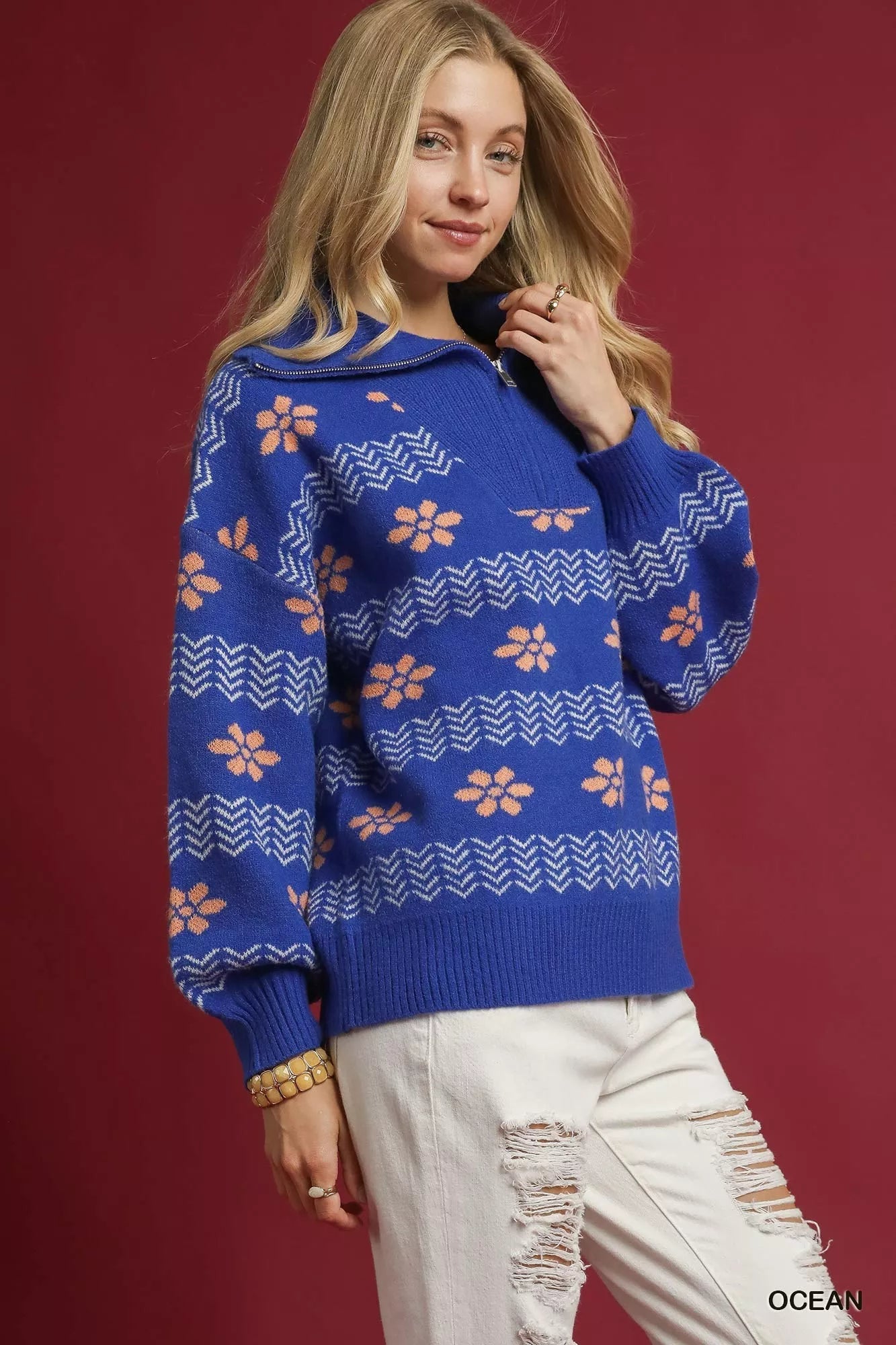Umgee Floral Patterned Jacquard Quarter - Zip Pullover Sweater - Bitsy Gypsy Boutique