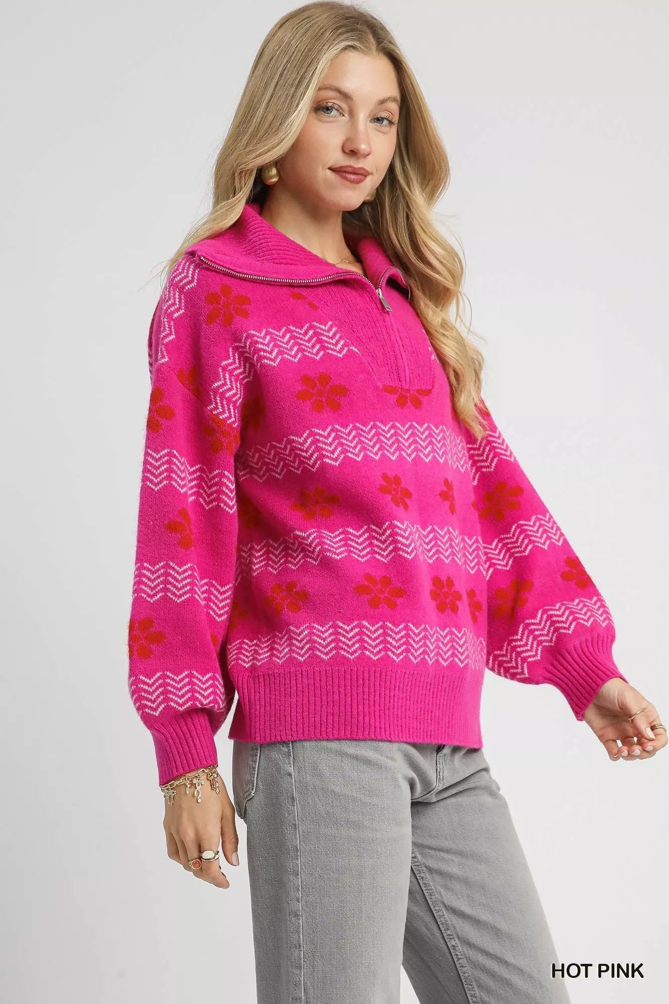 Umgee Floral Patterned Jacquard Quarter - Zip Pullover Sweater - Bitsy Gypsy Boutique
