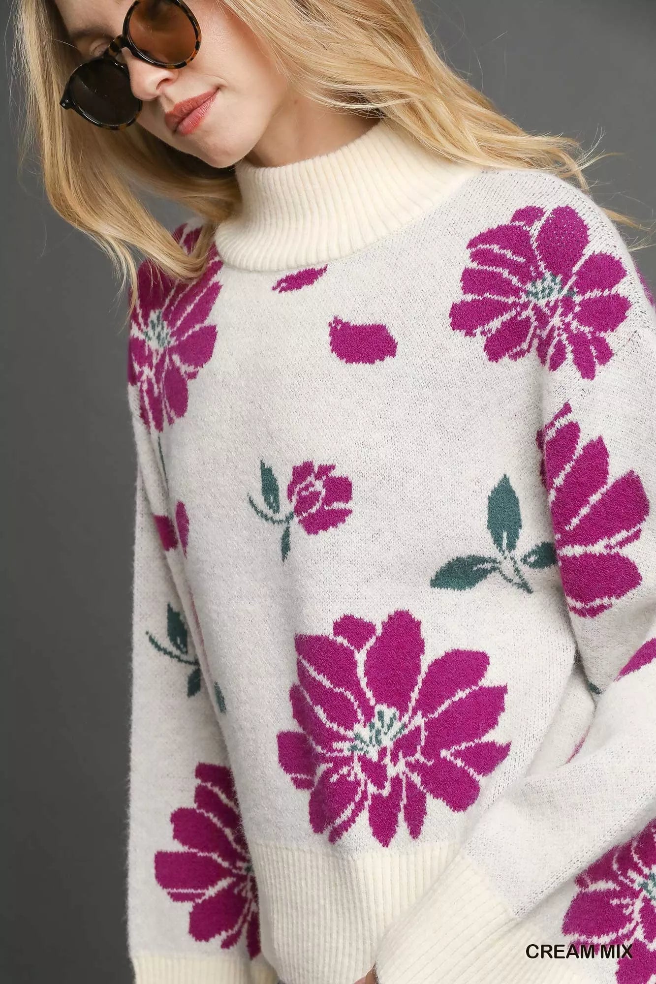 Umgee Floral Patterned Mock Neck Sweater - Bitsy Gypsy Boutique