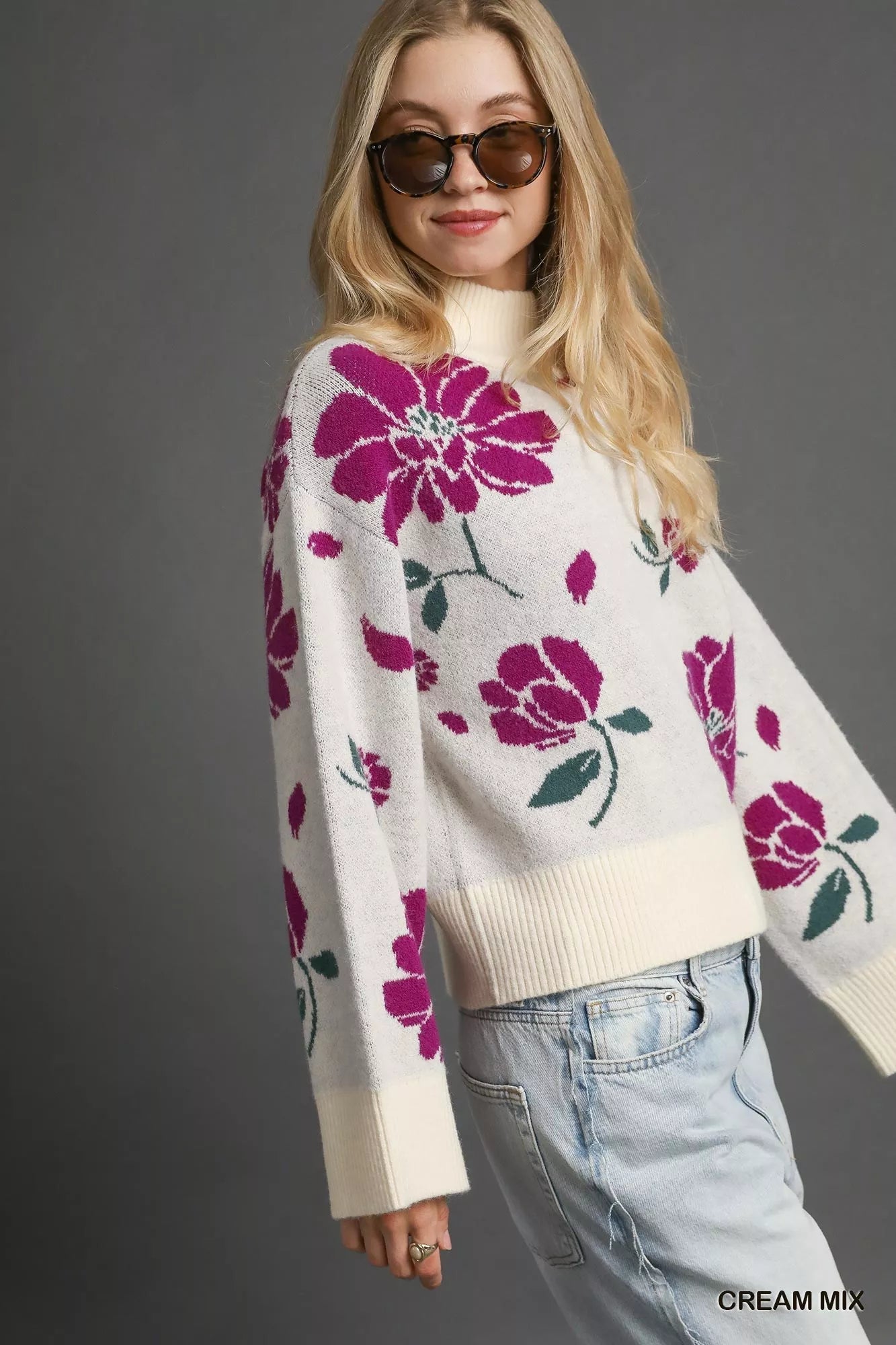 Umgee Floral Patterned Mock Neck Sweater - Bitsy Gypsy Boutique