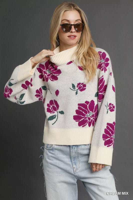 Umgee Floral Patterned Mock Neck Sweater - Bitsy Gypsy Boutique